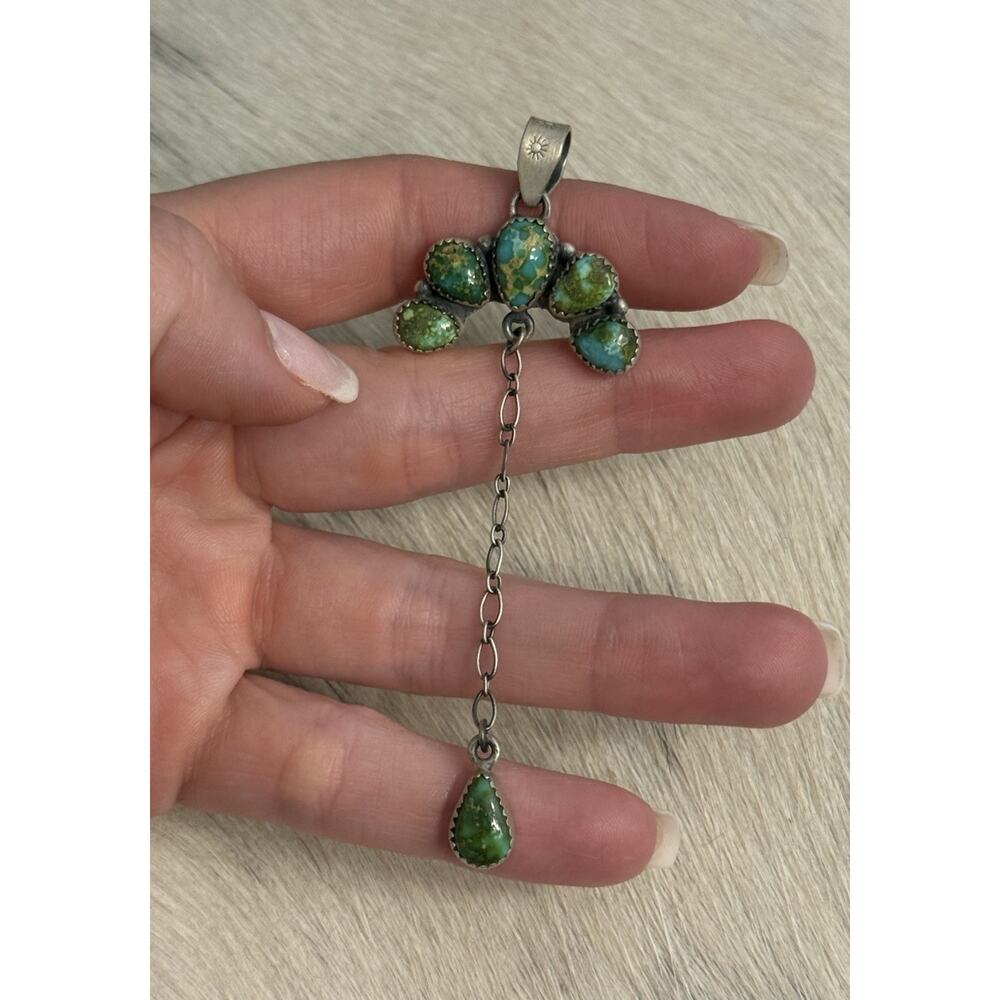 Sterling Silver 925 Green Sonoran Gold Turquoise Naja Cluster Tear Drop Pendant